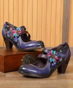 RXD SOFFIA | MILAS Side Flower Appliqued Violet Leather Mary Jane