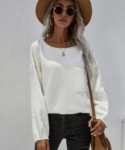 MY Smaibulun | DORETTA White Oversized Front Pocket Knit Sweater