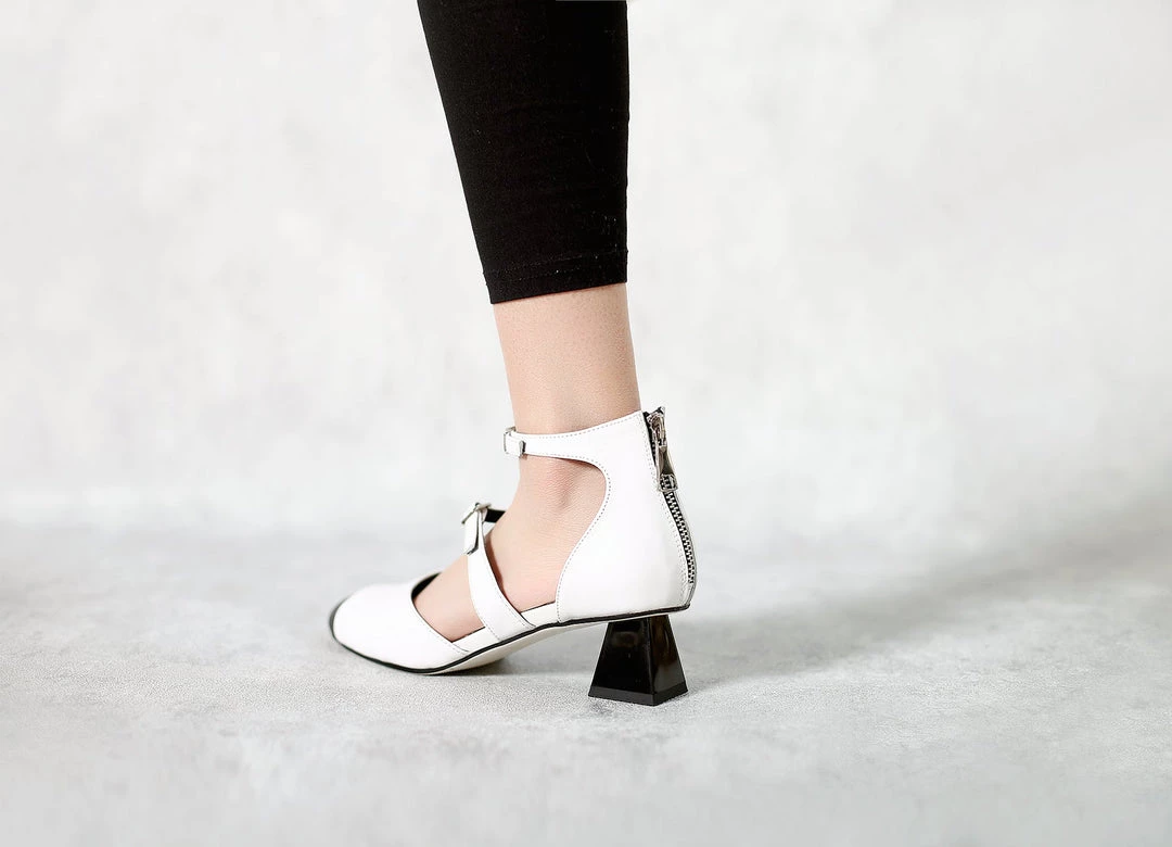 Jady Rose JadyRose | Genuine Leather Block Color Equilateral Trapezoid Heeled Sandal - Cream NEW ARRIVALS 5 Jady Rose JadyRose | Genuine Leather Block Color Equilateral Trapezoid Heeled Sandal - Cream NEW ARRIVALS