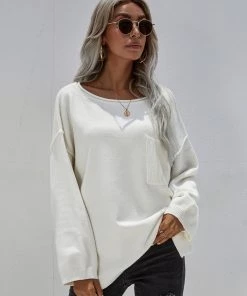 MY Smaibulun | DORETTA White Oversized Front Pocket Knit Sweater