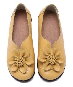 ATC Floral-Accent Round Toe Leather Flats Pumps - MAMA LOVE