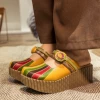 JF NEW ARRIVALS SOFFIA | Genuine Leather Yellow Ribbed-Sole Floral Appliqued Platform Sandals Clogs