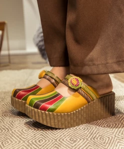 JF NEW ARRIVALS SOFFIA | Genuine Leather Yellow Ribbed-Sole Floral Appliqued Platform Sandals Clogs
