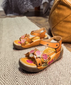 JF NEW ARRIVALS SOFFIA | Genuine Leather Yellow Ribbed-Sole Floral Embossed Flatform Sandals
