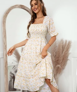 DY OWENA Square Neck Midi Dress - Yellow NEW ARRIVALS