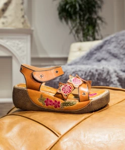 JF NEW ARRIVALS SOFFIA | Genuine Leather Yellow Ribbed-Sole Floral Embossed Flatform Sandals