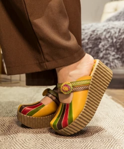 JF NEW ARRIVALS SOFFIA | Genuine Leather Yellow Ribbed-Sole Floral Appliqued Platform Sandals Clogs