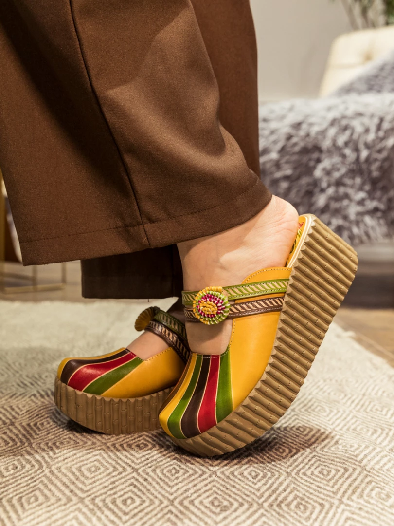 JF NEW ARRIVALS SOFFIA | Genuine Leather Yellow Ribbed-Sole Floral Appliqued Platform Sandals Clogs 2 JF NEW ARRIVALS SOFFIA | Genuine Leather Yellow Ribbed-Sole Floral Appliqued Platform Sandals Clogs