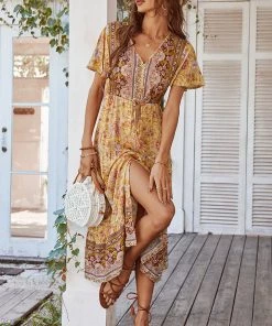 DY New In Clothing RICARDA BOHO MIDI DRESS - YELLOW PRINT