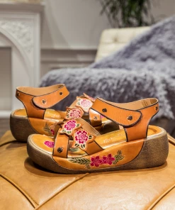 JF NEW ARRIVALS SOFFIA | Genuine Leather Yellow Ribbed-Sole Floral Embossed Flatform Sandals