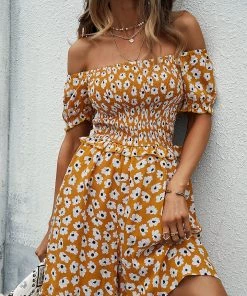 DY New In Clothing LAUDINE Off Shoulder Playsuit - Yellow Print 8 DY New In Clothing LAUDINE Off Shoulder Playsuit - Yellow Print