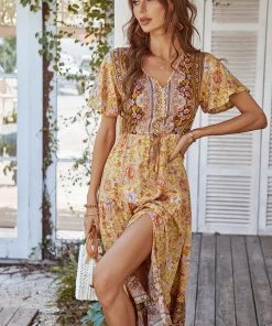 DY New In Clothing RICARDA BOHO MIDI DRESS - YELLOW PRINT