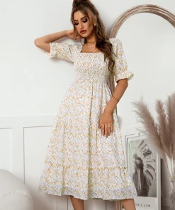 DY OWENA Square Neck Midi Dress - Yellow NEW ARRIVALS