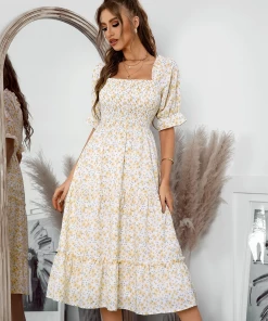 DY OWENA Square Neck Midi Dress - Yellow NEW ARRIVALS