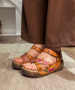 JF NEW ARRIVALS SOFFIA | Genuine Leather Yellow Ribbed-Sole Floral Embossed Flatform Sandals