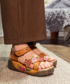 JF NEW ARRIVALS SOFFIA | Genuine Leather Yellow Ribbed-Sole Floral Embossed Flatform Sandals