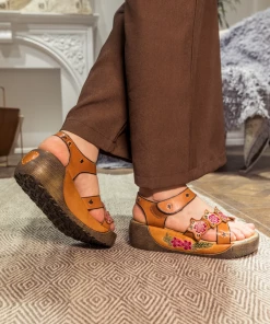 JF NEW ARRIVALS SOFFIA | Genuine Leather Yellow Ribbed-Sole Floral Embossed Flatform Sandals