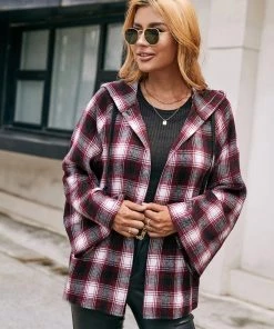 YBL Smaibulun | Plaid Button-Neck Hooded Jacket New In Clothing