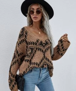 MY Clothing Smaibulun | Geometric Pattern Lantern Sleeve Sweater - Brown