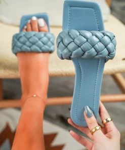 HT Nancy Blue Matte Weave Detail Flat Sole Sandals - En Bloom New In Shoes