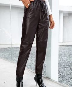YBL Smaibulun | Pocket Drawstring Faux-Leather Straight Leg Pants New In Clothing