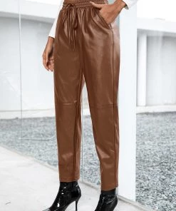 YBL Smaibulun | Pocket Drawstring Faux-Leather Straight Leg Pants New In Clothing
