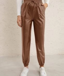 YBL Smaibulun Doll | Brown Faux Leather High-Waist Pants
