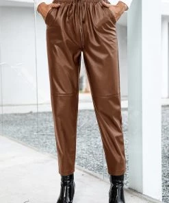 YBL Smaibulun | Pocket Drawstring Faux-Leather Straight Leg Pants New In Clothing