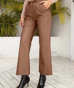 YBL Smaibulun | Drawstring Pocket Faux Leather High-Waist Crop Pants New In Clothing