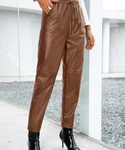 YBL Smaibulun | Pocket Drawstring Faux-Leather Straight Leg Pants New In Clothing